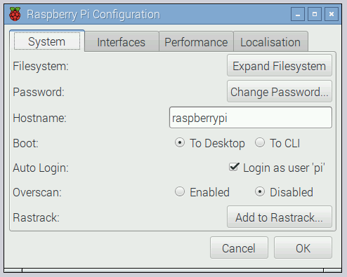 RaspberryPi configuration dialog