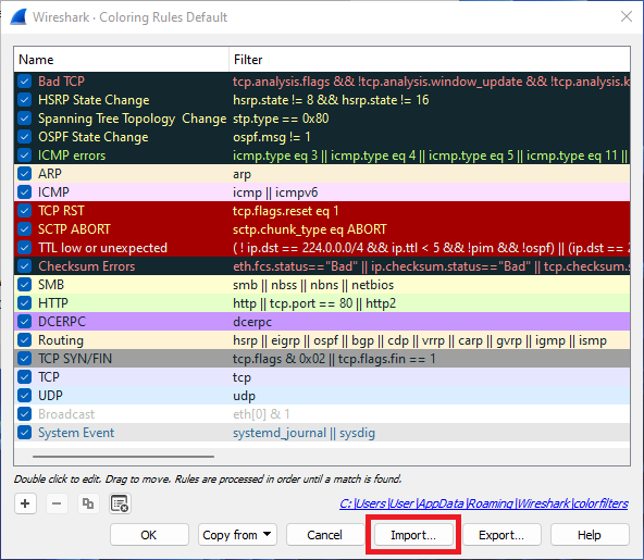 Importing the filters file through the GUI