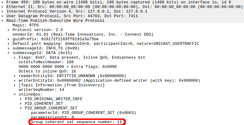 Wireshark capture showing how to obtain the Coherent Set SN when access_scope is set to GROUP