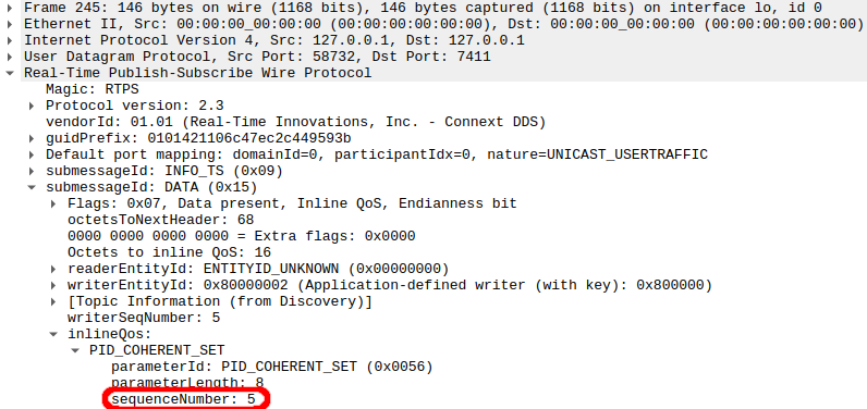 Wireshark capture showing how to obtain the Coherent Set SN when access_scope is set to INSTANCE or TOPIC